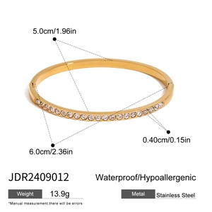 Waterproof gold stainless steel cuff bracelet with rhinestones and size specifications
