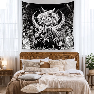 Bohemian black and white skull tapestry for gothic bedroom wall decor background