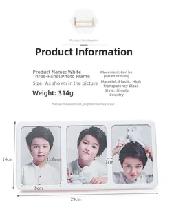 Detailed dimensions of the white triple picture frame with wall and desk mount features