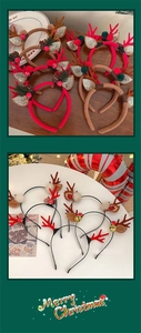 Detailed view of various Christmas antler headbands with pine cones and red berries