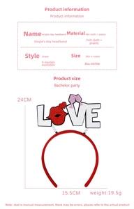 Detail view of red felt LOVE headband showing 24cm height and 15.5cm width dimensions