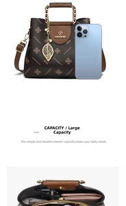 Vertical view showing large capacity of the brown printed handbag with phone and wallet
