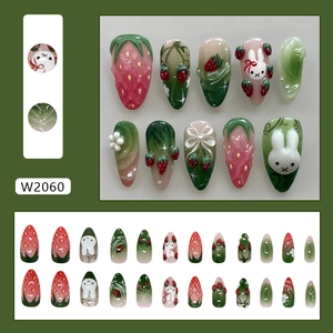 3D strawberry and rabbit press on nails with 24pcs in forest green and pink