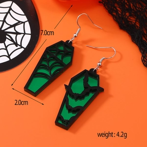 Detail view of green acrylic coffin earrings with spider web and bat patterns and dimensions