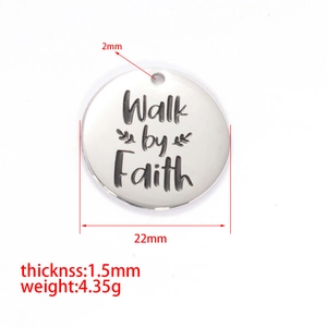 Polished silver stainless steel pendant with Walk by Faith engraving and dimensions