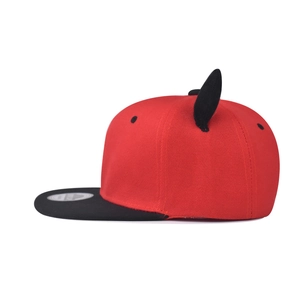 Red and black hip hop flat brim baseball cap with 3D black devil horns accessory