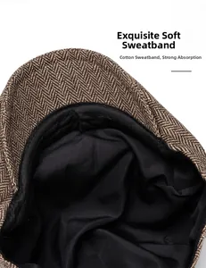 Detail of herringbone flat cap featuring breathable soft cotton sweatband for comfort