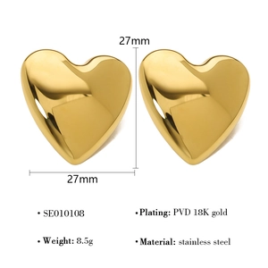 Detail view of 18K gold plated heart stud earrings with PVD finish and 27mm dimensions