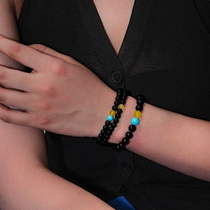 Aquamarine agate geometric beaded bracelet set with yellow and blue accent beads for women