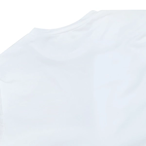Detail of white round neck crop top showing high-quality stitching and fabric texture