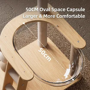 Vertical solid wood cat tree with 50cm acrylic space capsule and sisal rope post