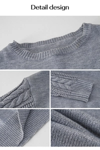 Dettagli del maglione grigio con maniche a trecce e trame dell'orlo a coste rifinite
