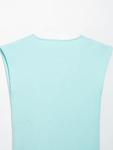 Detailed close-up of knit texture and stitching on mint green sleeveless knit top