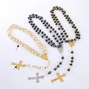 Detailed specs of 8mm beaded cross necklaces with 18K gold plating and 760mm length