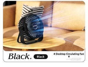 Close-up of black desk fan with U-shaped bracket on wooden table with airflow effect