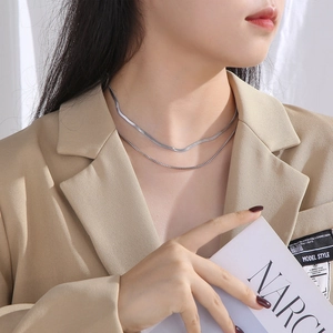 Detailed view of layered silver-toned flat snake chain and delicate box chain on a model
