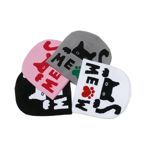 Winter knitted beanie hats with cat jacquard and Meow letter pattern in four colors