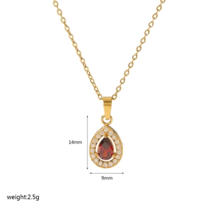 Detail of 14x9mm water drop pendant with red ruby and white zircon in 18K gold finish