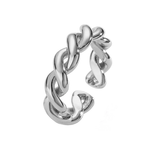 Macro view of a silver twisted rope ring with a high-polished finish and open design