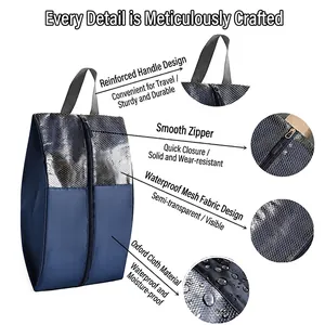 Blue waterproof travel shoe bag with oxford cloth, reinforced handle and mesh window