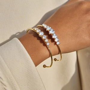 18k gold plated stainless steel open bangle set with sparkling cubic zirconia stones