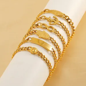 Bracelet Gourmette Acier Inoxydable Plaqué Or 18K Hamsa Ancre Aile Breloque Punk Bijoux Tendance Pour Hommes Femmes