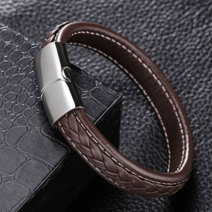 Brown braided leather bracelet with white stitching and silver stainless magnetic clasp