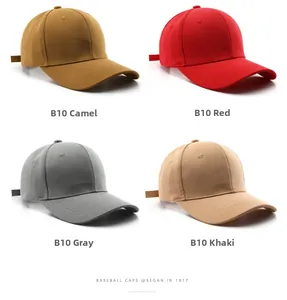 Classic six-panel cotton baseball caps shown in camel, red, grey, and khaki colors