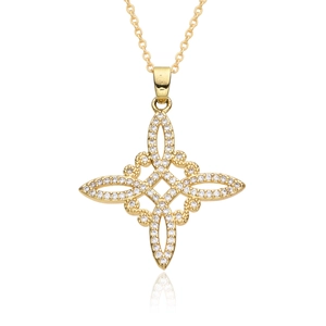 Gold Celtic knot necklace pendant with white zircon inlay on white background