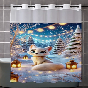 Detail of waffle fabric shower curtain with 3D cartoon white fox in snowy scene print