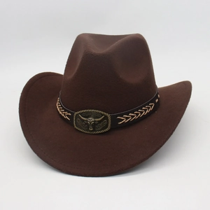 Close-up of brown wool felt cowboy hat featuring vintage bull head buckle and leather band