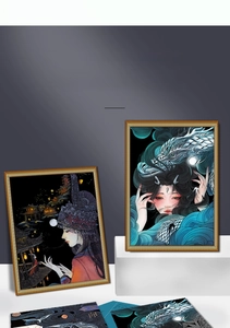 Dettaglio del set di pittura a graffio con dragone cinese e cornici dorate decorative