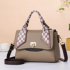 Khaki pebbled leather tote bag with silk scarf and gold twist lock closure