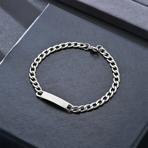 Classic silver stainless steel Cuban link bracelet with rectangular ID tag for men