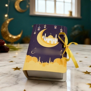 Eid Moon and Castle Book-Shaped Gift Box with Yellow Ribbon and Gold Stars Patterns