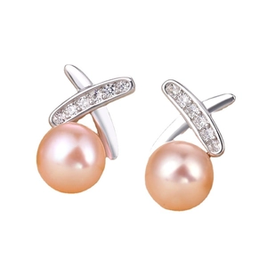 Elegant S925 silver cross stud earrings with pink freshwater pearl and tiny diamonds