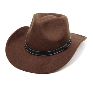 Detailed view of brown wool cowboy hat with leather band and vintage metal buckle