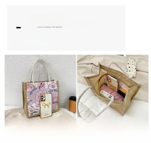 Detail of jute tote bag showing internal capacity for phone, umbrella and daily items
