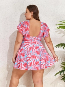 Tropical print plus size tankini swimdress with open back and ruffled sleeves for women