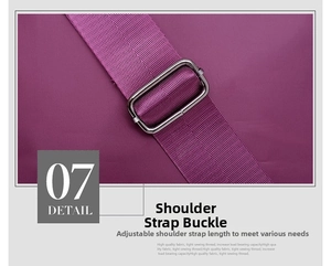 Detail of adjustable deep purple nylon strap with polished silver metal buckle