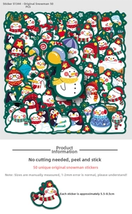 Detail view of 50 winter snowman stickers for luggage with product dimensions info