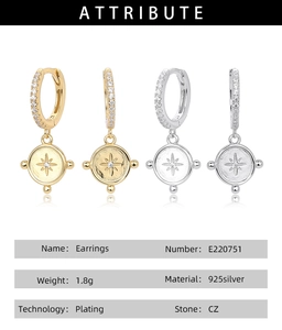 Detailed specs of S925 silver octagonal star hoop earrings with CZ stone settings
