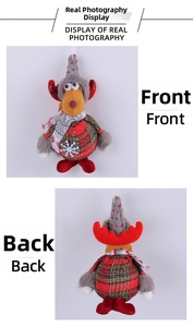 Detail of front and back view of red and green plaid reindeer plush hanging ornament