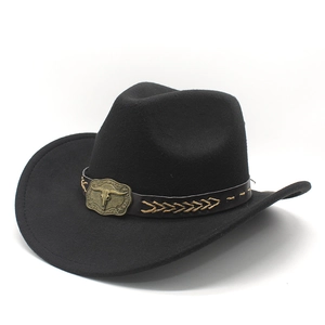 Classic black felt cowboy hat with leather band and vintage bull skull metal emblem