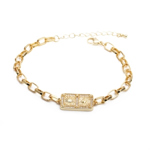 Hip hop style gold chain bracelet with zircon rectangular pendants and sun lightning charms
