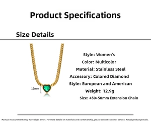 Detail view of emerald heart pendant necklace with dimensions 450mm length and 12mm diameter