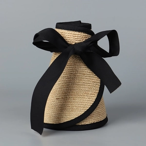 Breathable raffia wide brim sun visor with elegant black ribbon bow and trim