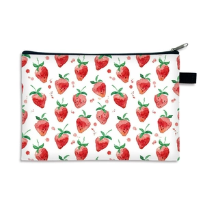 Pink strawberry print waterproof cosmetic bag with watercolor leaves and black zipper