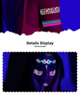 Detail of UV neon glow tattoos with pink leopard and floral patterns for festivals