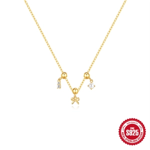 Bowknot Artificial Pearl Pendant Necklace 925 Sterling Silver Zircon Adjustable Gold Plated Choker Jewelry For Women